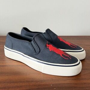 Polo Ralph Lauren Canvas Shoe Sneaker Slip On Navy Blue Big Logo Size 8D
